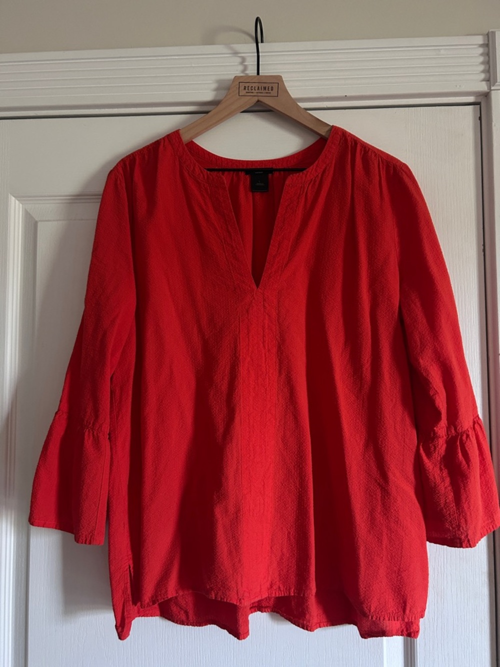 Ann Taylor Factory Orange Seersucker V-Neck Peasant Tunic